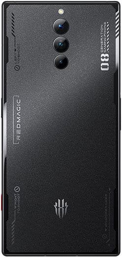 ZTE nubia Red Magic 8 Pro rear view showing triple camera setup and Red Magic logo on black textured back panel