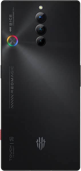 Rear view of black ZTE nubia Red Magic 8S Pro showing triple vertical cameras, circular LED flash, and REDMAGIC branding.