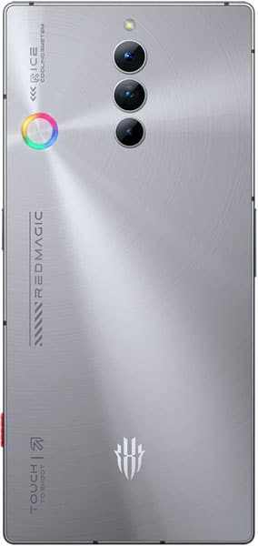 Rear view of silver ZTE nubia Red Magic 8S Pro showing triple vertical cameras, circular LED flash, logo, and branding.