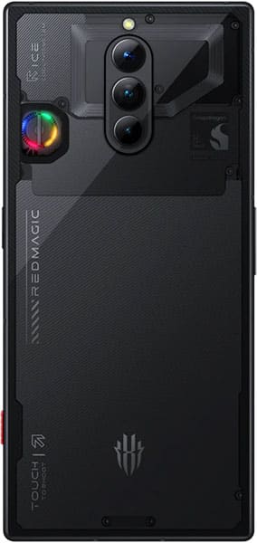 Rear view of black ZTE nubia Red Magic 8S Pro with triple vertical cameras, RGB lights, branding, and angular design.