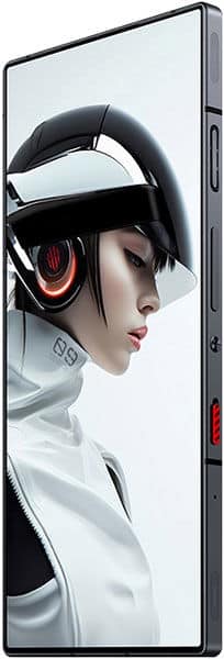 ZTE nubia Red Magic 9 Pro, side view, displaying portrait of a person wearing futuristic headgear on screen