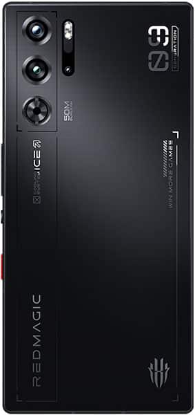 ZTE nubia Red Magic 9 Pro rear view, black with triple camera setup and Red Magic branding visible on back panel