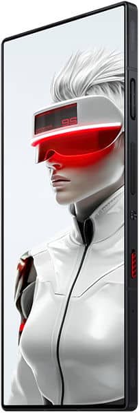 ZTE nubia Red Magic 9s Pro, front view, displaying stylized artwork of a figure in white and red on its screen