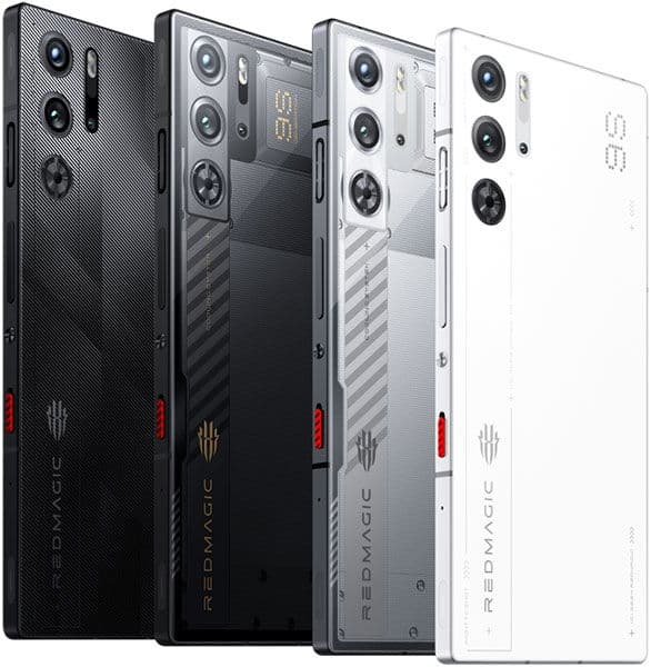 ZTE nubia Red Magic 9s Pro rear view in black, dark gray, light gray, and white color variants showing dual camera setup and RED branding