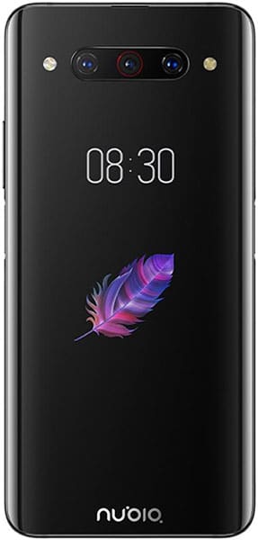 ZTE Nubia Z20 rear view, black phone displaying time 08:30 and colorful feather graphic on screen, triple camera setup visible at top