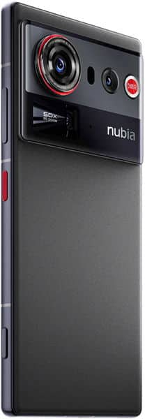 ZTE nubia Z80 Ultra rear view, showing large circular camera lens with red ring, additional camera sensors, and red accent buttons on black body
