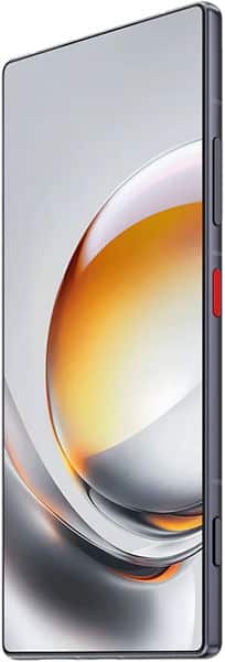 ZTE nubia Z80 Ultra smartphone displaying front screen with abstract orange and white design, side view showing dark frame and red accent button