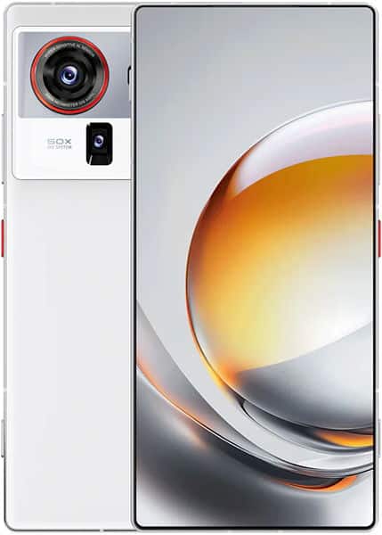 ZTE nubia Z80 Ultra rear view, white with circular camera module and red accent, displaying home screen on display