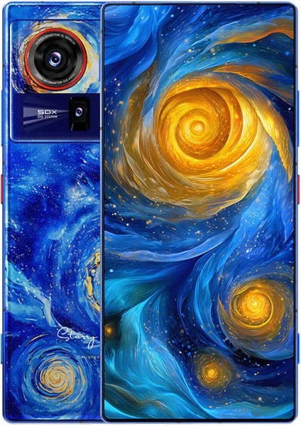 ZTE nubia Z80 Ultra rear view, blue device with orange-accented camera module and artistic starry night painting design on back panel