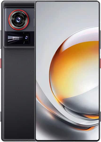 ZTE nubia Z80 Ultra rear view, showing circular camera lens with red ring and display screen with orange gradient wallpaper