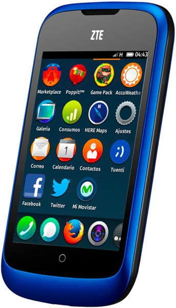 ZTE Open front view, blue smartphone displaying home screen with app icons including Marketplace, Poppii, Game Pack, and social media apps