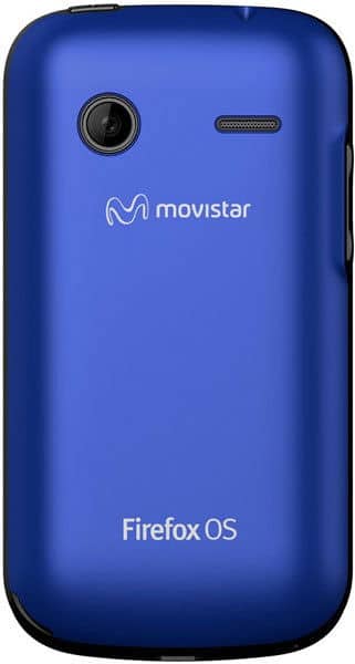 ZTE Open smartphone, rear view, blue with Movistar branding and Firefox OS logo