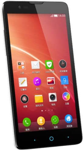 ZTE V5 smartphone displaying home screen with red wallpaper and app icons, front view