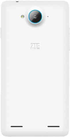 ZTE V5 rear view, white phone with blue-ringed camera and speaker grilles