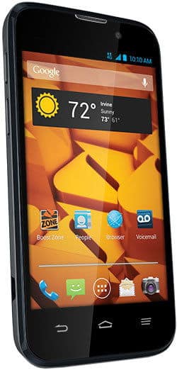 ZTE Warp 4G front view displaying home screen with weather widget showing 72°F, Google apps, and various icons on orange background