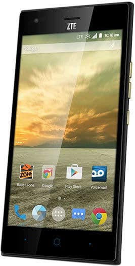 ZTE Warp Elite smartphone, front view, displaying home screen with app icons and sunset landscape wallpaper