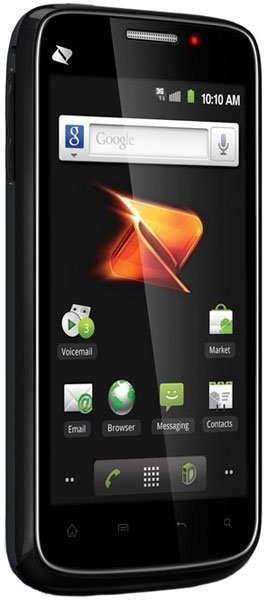 Front view of ZTE Warp black smartphone showing home screen with app icons, Google search bar, and Boost Mobile logo.