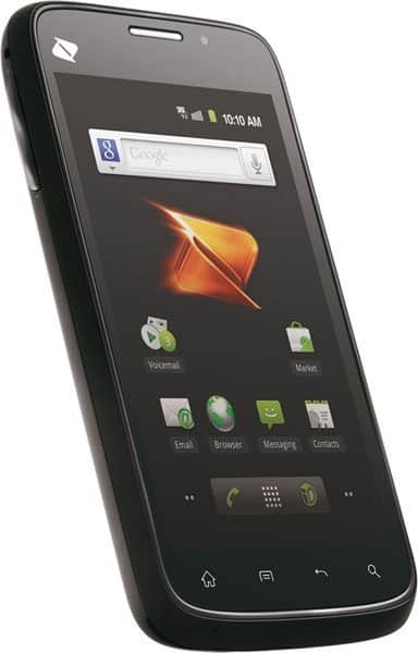 Front view of black ZTE Warp smartphone showing touch screen, app icons, Google search bar, 10:10 AM, and Boost Mobile logo.