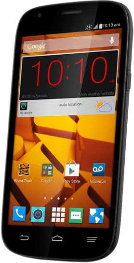 ZTE Warp Sync smartphone front view with black bezel, displaying home screen with time 10:10, weather widget, and app icons on orange background