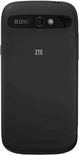 ZTE Warp Sync rear view, black smartphone with dual camera and 8.0 megapixel marking visible