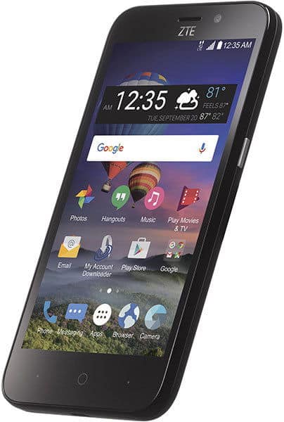 ZTE ZFive2 smartphone front view with home screen displaying weather widget, Google search bar, and app icons