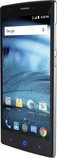 ZTE ZMAX 2 smartphone displaying home screen with Google search bar and app icons, front view