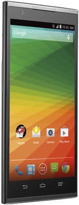 ZTE ZMAX smartphone displayed front-on, showing colorful gradient home screen with app icons and Google services