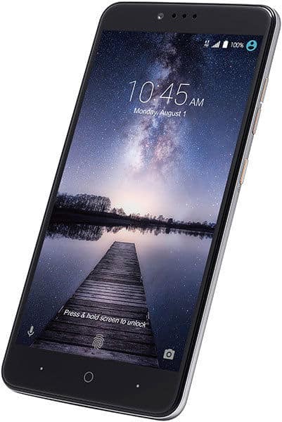 Front view of ZTE ZMAX Pro in black showing lock screen, 10:45 AM, August 1, with a lakeside dock wallpaper under night sky.