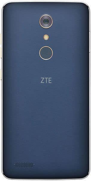 Rear view of blue ZTE ZMAX Pro with camera, flash, fingerprint sensor, ZTE logo, and bottom left speaker grille.