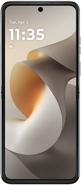 Motorola Razr (2026) front view with display showing time 11:35 and abstract gold and white design wallpaper