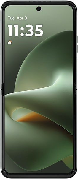 Motorola Razr+ (2026) front view displaying lock screen with time 11:35 and abstract green wallpaper