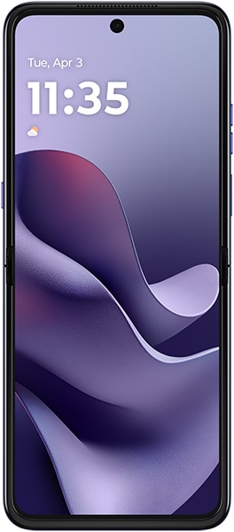 Motorola Razr Ultra (2026) front view, displaying lock screen with time 11:35 and purple abstract wallpaper
