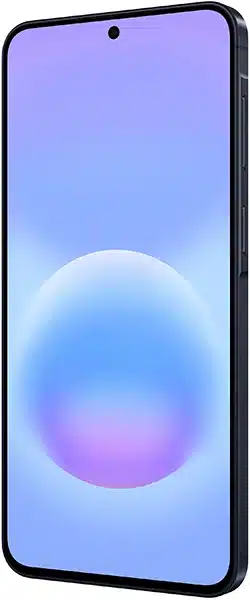 Samsung Galaxy A57 front view with blue and purple gradient display showing a glowing orb design
