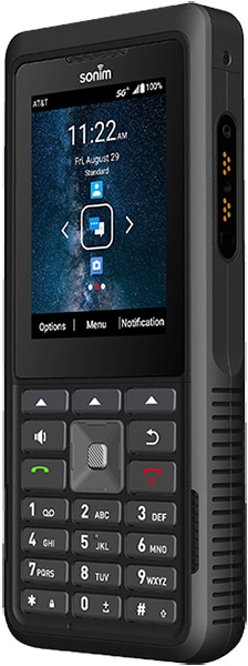 Sonim XP5plus 5G front view displaying home screen with time 11:22 and app icons, physical keypad below