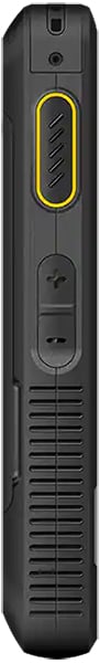 Sonim XP5plus 5G rear view, showing yellow accent stripe, camera lens, and speaker grille on black rugged phone body