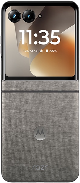 Motorola Razr (2026) folded closed, showing gray textured lower half, dual rear cameras, and display with 11:35 time
