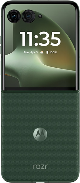 Motorola Razr+ (2026) folded, showing green textured lower half with Motorola logo and dual rear cameras visible on upper display panel