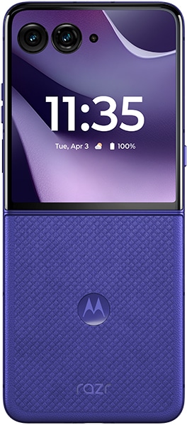 Motorola Razr Ultra (2026) in blue, open position, displaying home screen with time 11:35 and dual rear cameras visible
