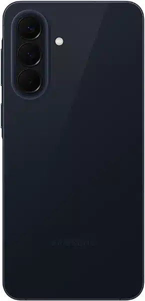 Samsung Galaxy A57 rear view showing dark blue back panel with triple camera setup and flash