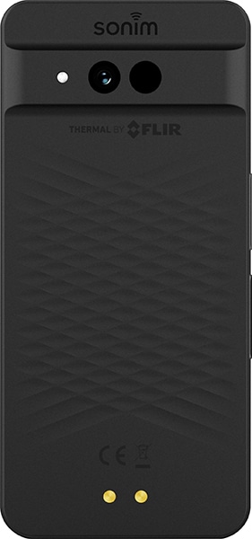 Sonim XP Pro Thermal rear view showing thermal imaging camera below status lights and textured black panel