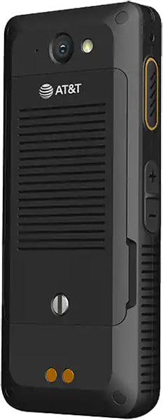 Sonim XP5plus 5G rear view showing black rugged device with AT&T branding, camera, speaker grille, and orange accents