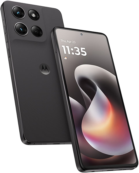 Motorola Moto G Stylus (2026) front and rear view, black phone with quad camera setup and colorful wallpaper on screen