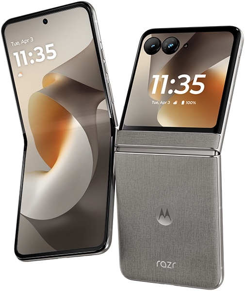 Motorola Razr (2026) foldable phone shown open on left and closed on right, displaying time 11:35 on both screens