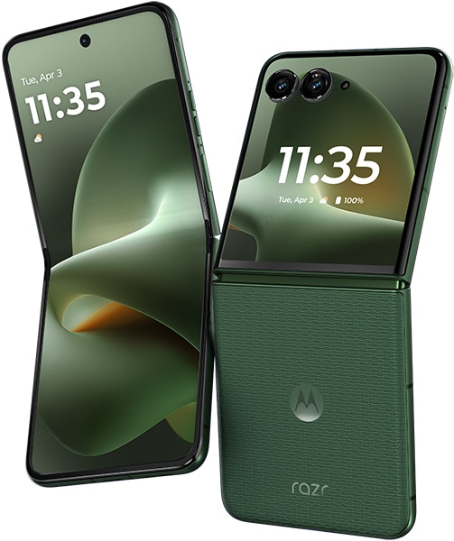Motorola Razr+ (2026) in green, shown open and closed, displaying time 11:35 on both screens with dual rear cameras visible