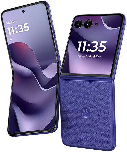 Motorola Razr Ultra (2026) shown open and closed, displaying purple gradient screens with time 11:35, dual rear cameras, and textured back panel