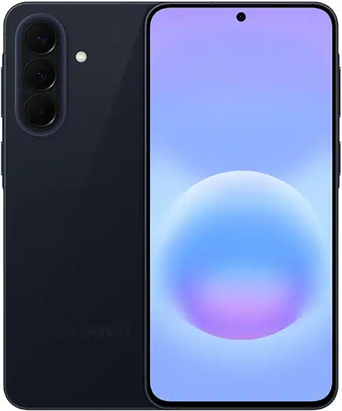 Samsung Galaxy A57 in black, front and rear view, showing triple rear camera setup and blue gradient display