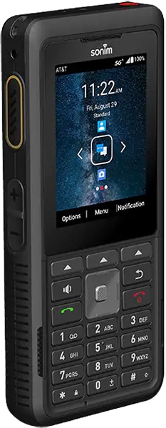 Sonim XP5plus 5G front view with display showing time 11:22, AT&T network, physical keypad, and side buttons