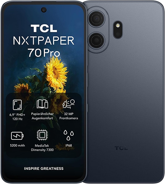 TCL NxtPaper 70 Pro front and rear view, showing display with sunflower wallpaper and dual camera setup on dark gray back