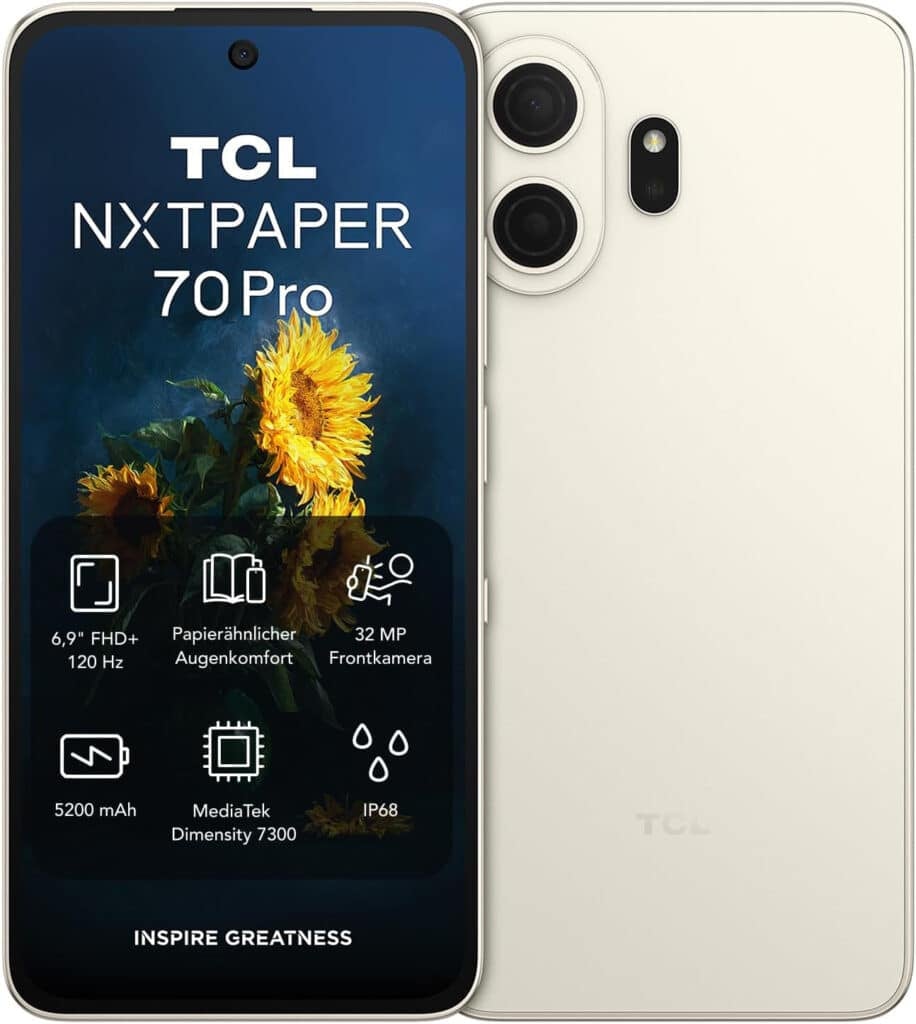 TCL NxtPaper 70 Pro front and back views, cream-colored phone with dual cameras, displaying sunflowers and key specs including 6.9" display and 32MP front camera