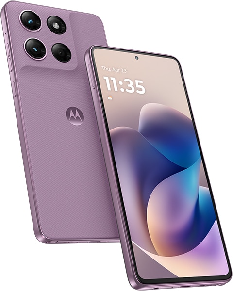 Motorola Moto G Stylus (2026) in purple, rear and front views showing quad camera setup and display with time 11:35